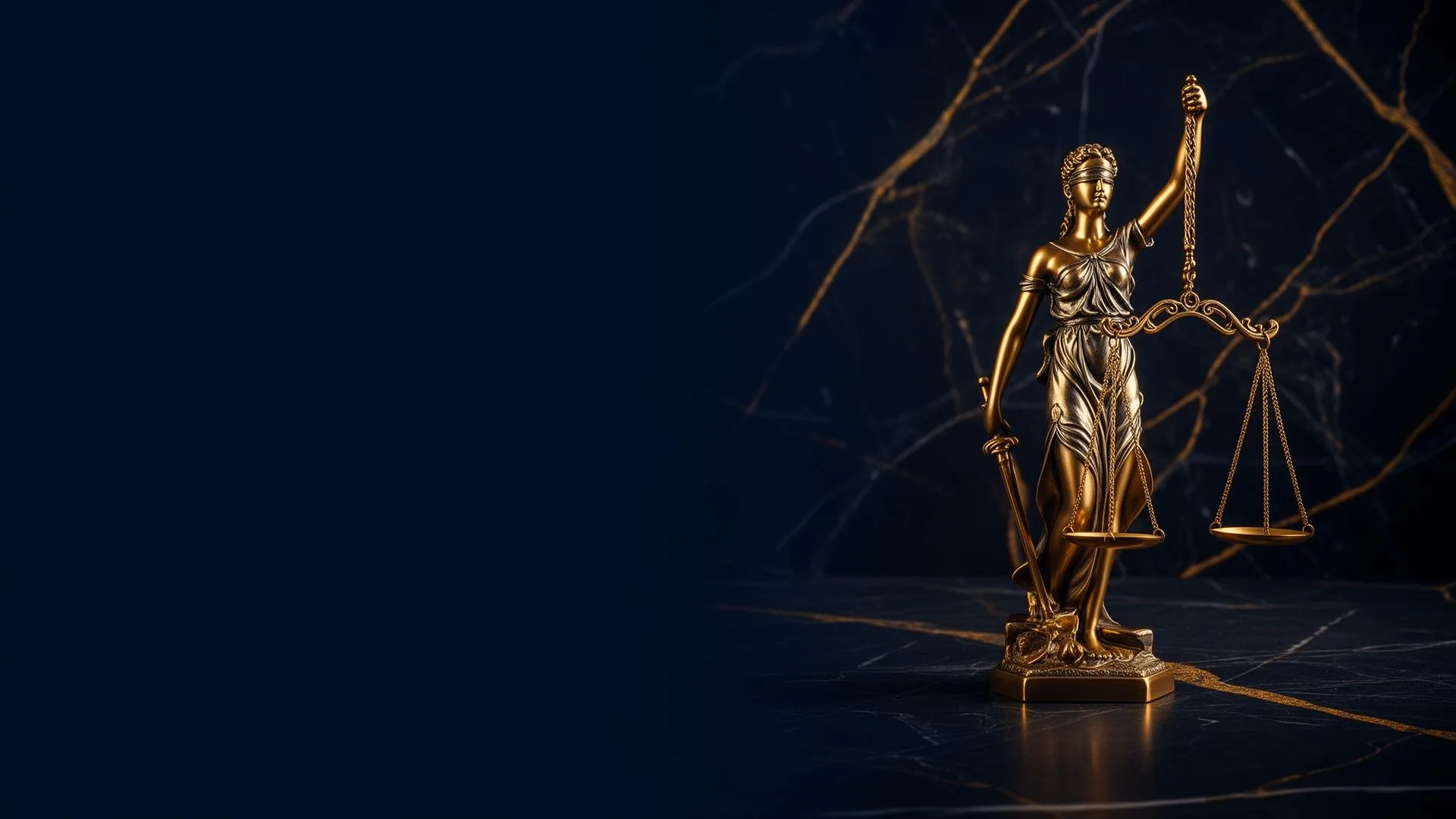 Estátua dourada da Justiça sobre mármore escuro